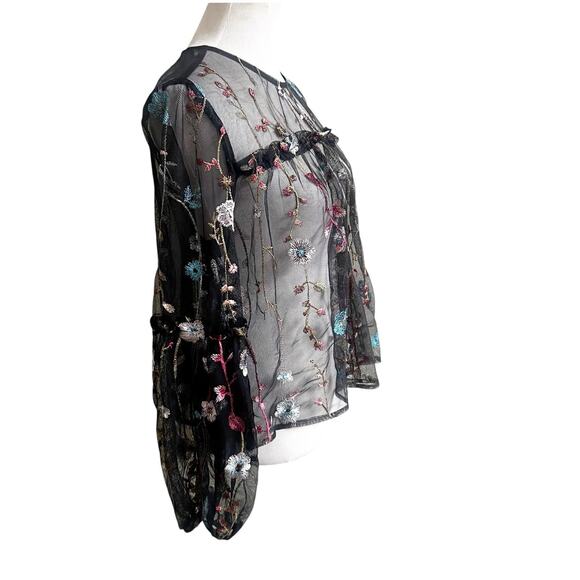A New Day Sheer Mesh Peasant Top L Black Floral Embroidered Goth Whimsical - Picture 2 of 12